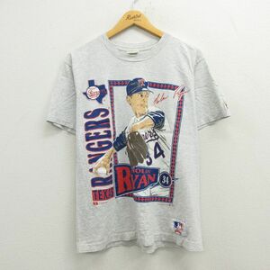 M/古着 半袖 ビンテージ Tシャツ メンズ 90s MLB テキサスレンジャーズ ノーランライアン 34 コットン クルーネック 薄グレー 霜降り 7OF