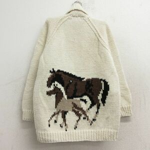 古着 長袖 フルジップ ニットカーディガン カウチン セーター キッズ ボーイズ 子供服 80s 馬 手編み ハンドメイド ラグラン ショールカラ