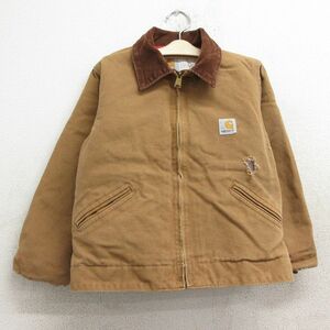 古着 カーハート 長袖 ジャケット キッズ ボーイズ 子供服 90s ワンポイントロゴ 襟コーデュロイ ダック地 コットン 茶系 ブラウン 内側キ