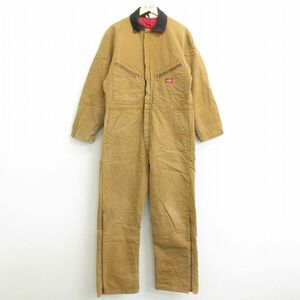 W40/古着 ディッキーズ Dickies 長袖 ツナギ メンズ 80s ダック地 大きいサイズ コットン タロン 薄茶 ブラウン 内側キルティング 22oc 3OF