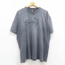 XL/古着 ハーレーダビッドソン 半袖 ビンテージ Tシャツ メンズ 90s ビッグロゴ ボロ 大きいサイズ クルーネック 紺 ネイビー ボーダー 3OF_画像1