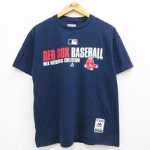 L/古着 マジェスティック 半袖 Tシャツ メンズ MLB ボストンレッドソックス クルーネック 紺 ネイビー メジャーリーグ ベースボール 野 7OF_画像1