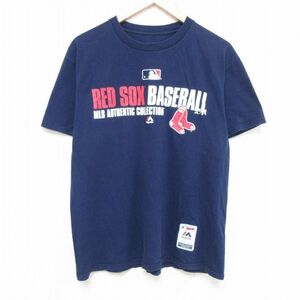 L/古着 マジェスティック 半袖 Tシャツ メンズ MLB ボストンレッドソックス クルーネック 紺 ネイビー メジャーリーグ ベースボール 野 7OF