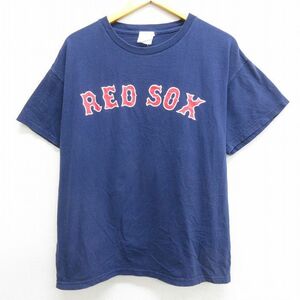 L/古着 半袖 ビンテージ Tシャツ メンズ 00s MLB ボストンレッドソックス ダスティンペドロイア 15 クルーネック 紺 ネイビー メジャー 7OF