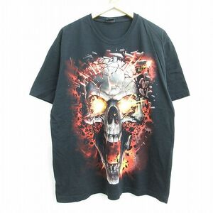 XL/古着 半袖 ビンテージ Tシャツ メンズ 00s スカル 炎 大きいサイズ クルーネック 黒 ブラック 22apr07 中古 7OF