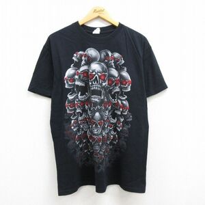 L/古着 半袖 ビンテージ Tシャツ メンズ 00s スカル コットン クルーネック 黒 ブラック 22jul06 中古 7OF