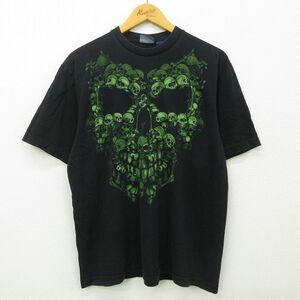 L/古着 半袖 ビンテージ Tシャツ メンズ 00s スカル コットン クルーネック 黒 ブラック 22jun24 中古 7OF