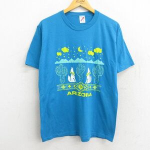 M/古着 半袖 ビンテージ Tシャツ メンズ 80s オオカミ アリゾナ クルーネック 水色 22jul14 中古 7OF