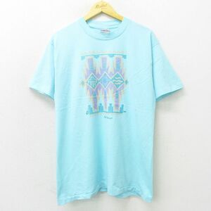 L/古着 半袖 ビンテージ Tシャツ メンズ 90s ニューメキシコ ネイティブ柄 クルーネック 水色 22jul22 中古 7OF