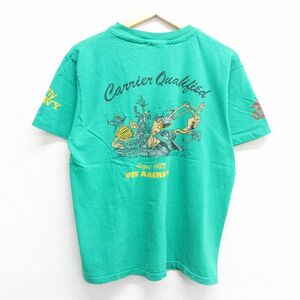 L/古着 ヘインズ 半袖 ビンテージ Tシャツ メンズ 80s ミリタリー Fly NAVY ネイビー USSアメリカ 船 コットン クルーネック 緑 グリー 3OF