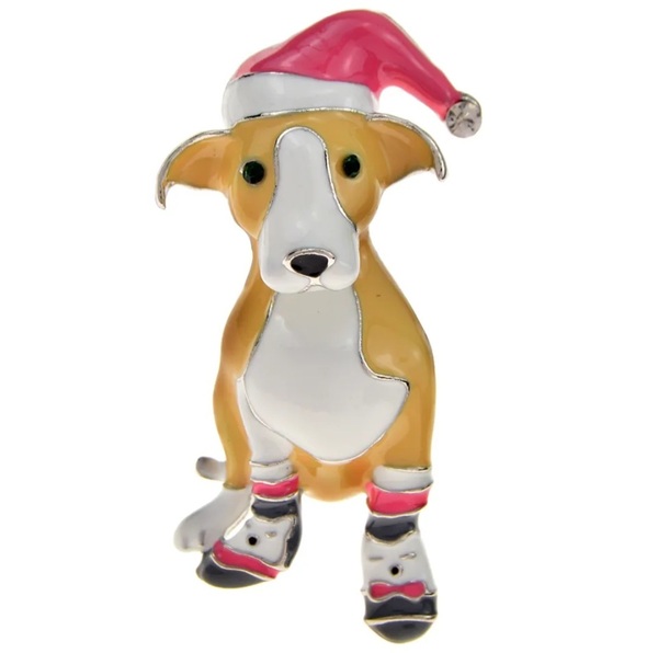 犬の雑貨　犬のブローチ　赤い帽子の犬　ブラウン　ペンダント兼用　クリスマス　犬の雑貨　HANAKO