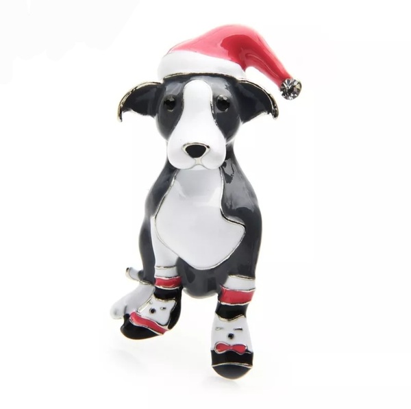 犬の雑貨　犬のブローチ　赤い帽子の犬　グレー　ペンダント兼用　サンタクロース　クリスマス　犬の雑貨　HANAKO