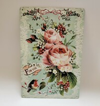 ブリキ看板　HANAKO　レトロ　花の看板　FR46　バラ　薔薇のリース　野鳥　アトリ　ウェルカムボード　ガーデンオブジェ_画像2