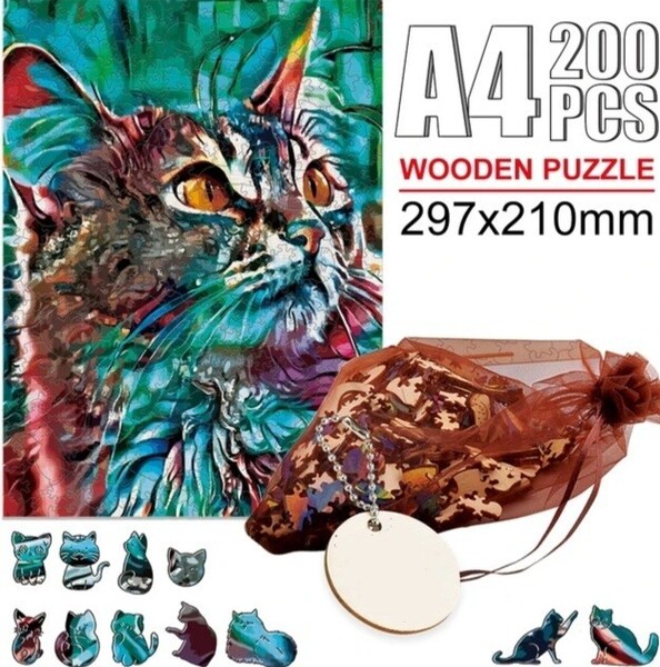 3D木製パズル 青い猫 A4サイズ 猫の雑貨 HANAKO