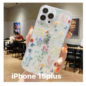 Apple iPhone 15 Plus TPU クリア 透明背面カバー　花柄 ソフトケース　強化ガラスフィルム付き