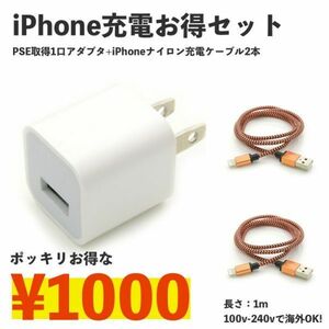 iPhone充電ナイロンケーブル 1m 2本 + USB電源アダプタ USBポート1口 セット