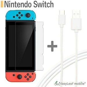 Nintendo Switch 液晶画面保護ガラスフィルム + Type-Cケーブル 3m ホワイトセット