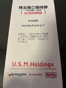 最新 USMH ユナイテッドスーパーマーケット 株主優待券 3000円分 2024年6月まで カスミ/マルエツ/マックスバリュ 送料無料