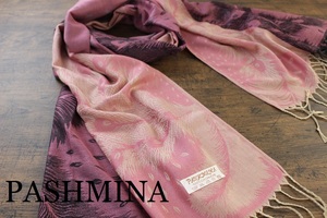 新品【パシュミナ Pashmina】フェザー柄 羽根 ピンク系グラデーション PINK 大判 ストール カシミア100% Cashmere 訳あり