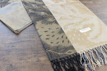 新品【パシュミナ Pashmina】フェザー柄 羽根 ベージュ系バイカラー BEIGE 大判 ストール カシミア100% Cashmere _画像3