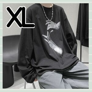 長袖 Tシャツ ロンT ストリート クルーネック ゆったり 韓国 ブラック XL