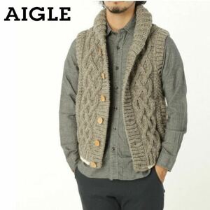 【AIGLE】エーグル 定価1.7万 ユニセックス ペルーハンドニット ベスト Mサイズ グレー アランニット メンズ レディース 男女兼用