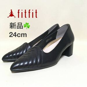 【新品未使用】fitfit フィットフィット ポインテッドヒールニーカー 24cm コンフォートシューズ パンプス ブラック 黒 幅広 外反母趾 本革