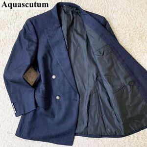 『美品』Aquascutum【希少XL相当】アクアスキュータム ダブルテーラードジャケット 紺ブレ 銀ボタン 裏地ロゴ ウール ネイビー 1円〜