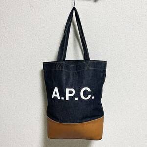 【美品】A.P.C. アー・ペー・セー キャンバストートバッグ 切替レザー　ロゴ　ネイビー　ブラウン　＊CZ