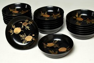 【蔵A2987b】木製黒塗　海松貝蒔絵　木皿　菓子皿　銘々皿　二十客