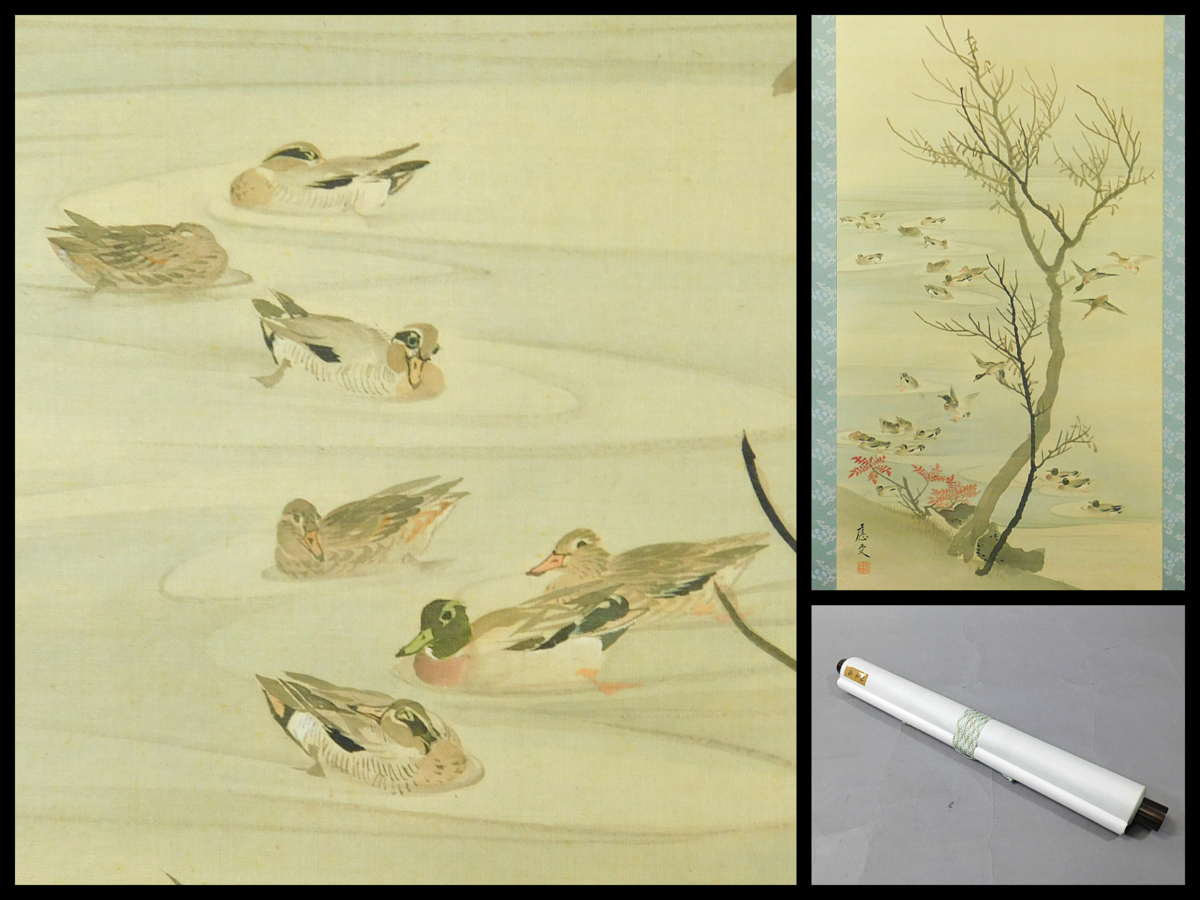 Kinoshita Ouke (Maruyama Ouke Ouke) Bois mort Illustration d'un groupe de canards Peinture japonaise Volume en soie Rouleau suspendu Le deuxième fils de Maruyama Okyo Nagasawa Rousetsu Mori Tetsuzan et d'autres sont appelés les Dix Philosophie d'Okyomon Article stocké OK0277, peinture, Peinture japonaise, fleurs et oiseaux, oiseaux et bêtes