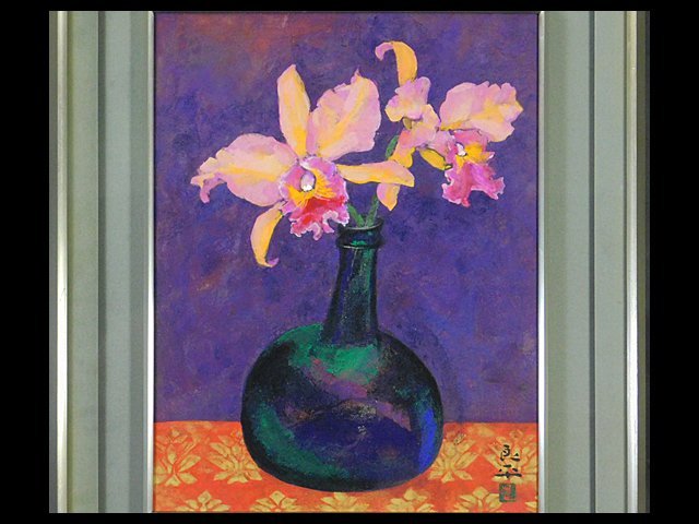 Ryohei Miwa Cattleya F6 Japanese painting, framed, with sticker, teacher Kayo Yamaguchi, Nitten council member, Kyoto Prefecture Cultural Award, Merit Award OK4177, Painting, Japanese painting, Flowers and Birds, Wildlife