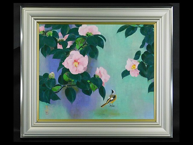 Hideaki Hirao, Camellia and Bird, Japanese painting, paper, framed, special tatami mat, sticker, master, Meiji Hashimoto, Chusaku Oyama, Nitten member OK3880, Painting, Japanese painting, Flowers and Birds, Wildlife