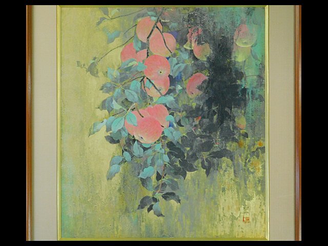 Koichi Nanatame Soshu (Apple drawing) Japanese painting Paperback Framed Exclusive tattoo Co-seal Teacher Toshio Matsuo Representative director of Japan Art Institute Size (length and width 68.0 x 60.5) OK 1980, painting, Japanese painting, flowers and birds, birds and beasts