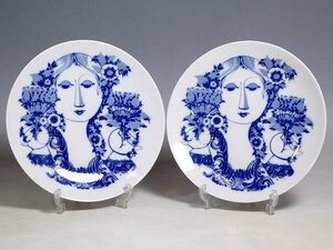 K12083【Rosenthal ローゼンタール】Bjorn Wiinblad ビョルン・ヴィンブラッド 花を持つ女性 絵皿 2枚 プレート 直径19cm