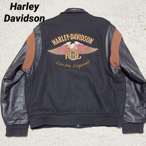 Harley-Davidson 袖レザー スタジャン バック刺繍 ブラック