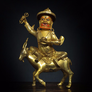 『館蔵珍品 銅製 塗金 騎羊護法像』置物 賞物 貴重物品 収蔵品 中国古美術