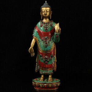 『館蔵珍品 銅製 寶石嵌 彩繪 描金 釋迦摩尼像』置物 賞物 貴重物品 収蔵品 中国古美術