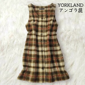 334 【YORKLAND】 ヨークランド アンゴラ混 チェック柄 ノースリーブ ワンピース 9AR Mサイズ ブラウン 茶色 秋冬 前ボタン レディース