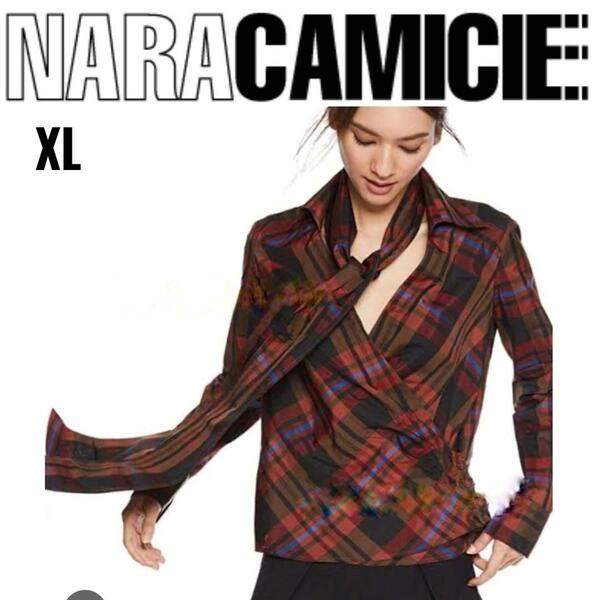 未使用　NARACAMICIE ナラカミーチェ　イタリアンチェックカシュクールシャツ　リボン付き　XL 大きいサイズ