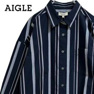 1円スタート!売り切り!! TC60ね@ AIGLE 新品タグ付き ストライプ シャツ 長袖 エイグル ストライプ おしゃれ メンズL相当 