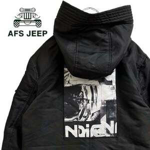 TB759さ@ A.F.S Jeep Aランク 美品 バックロゴ ナイロンジャケット コート ベンチコート Lサイズ ブラック 黒　 1.8