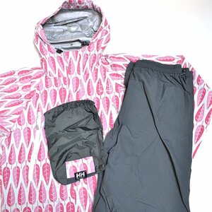 ◇491304 HELLY HANSEN ヘリーハンセン ◇上下セットアップ レインジャケット パンツ サイズL レディース ピンク グレー 総柄