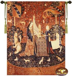 貴婦人と一角獣 パイプオルガンを弾く女神 中世アートジャガード織 ファインタペストリー 壁掛けインテリア装飾