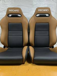 5.6.レカロ RECARO 2脚セット SR-3 黒×モカフェイクレザー張り替え 張替え 張替 ブラウンシングルステッチ 片側ダイヤル