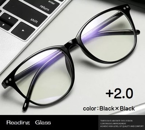 ■新品■老眼鏡【度数+2.0】【ブラック×ブラック】シニアグラス　ユニセックス　リーディンググラス　おしゃれ