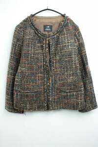 L274　23区　イタリア製生地使用　ノーカラーツイードジャケット　大きいサイズ44　Classic Tweed & Virgin Wool　