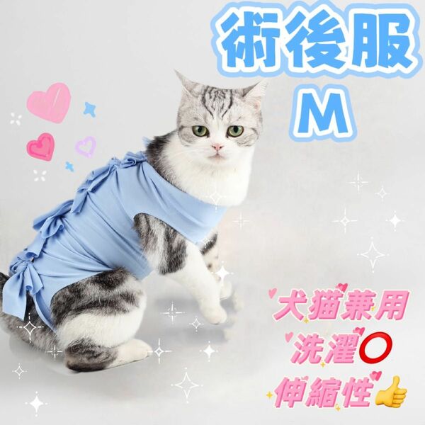 【M ブルー】猫犬　ねこ　術後服　エリザベスウェア　ペット　傷舐め防止 避妊手術-