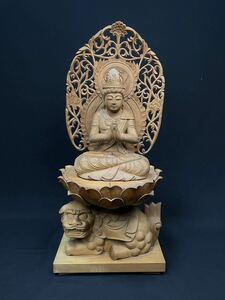S) 仏教美術 木彫 文殊菩薩 極上細密造 木造 観音菩薩 時代物 一刀彫 密教 彫刻 木製 天然素材 和風インテリア高級オブジェ飾り インテリア