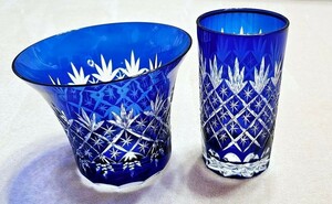 切子 ガラス 青 置物 貿易 輸出 花瓶 グラス 中古現状品 ペア 保管品
